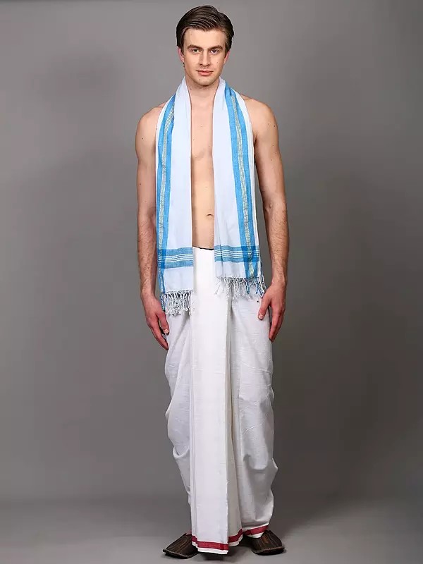 Ice-Melt Cotton Plain Angavastram with Stripes Border from Bengal