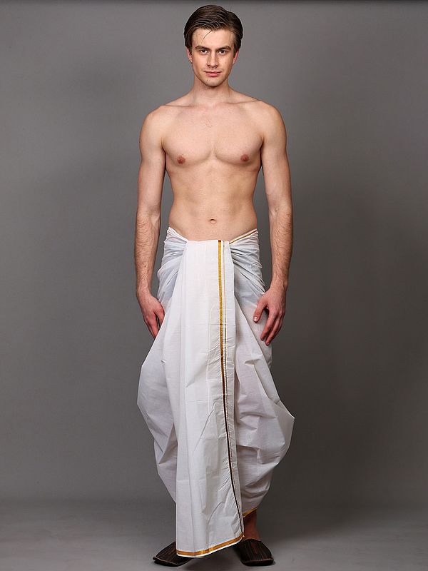 Off-White Cotton Dhoti with Zari Woven Thin Border