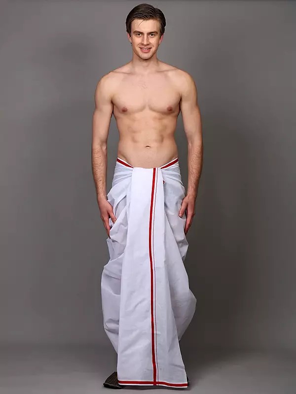 Bright-White Cotton Dhoti with Striped Border