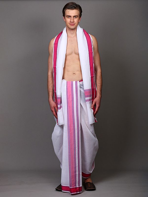 Cotton Traditional Dhoti with Angavastram Set and Contrast Pink Border