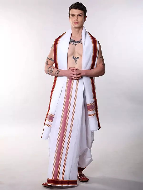 Cotton Dhoti and Angavastram Set with Contrast Pink Border