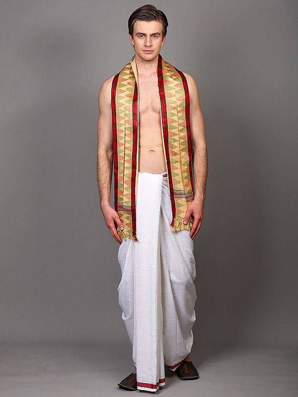 Temple Border Pure Khadi Silk Angavastram from Odisha