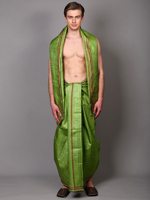 Greenery Pure Tussar Silk Dhoti with Angavastram Set and Thread Woven Temple-Rudraksha Border from Odisha