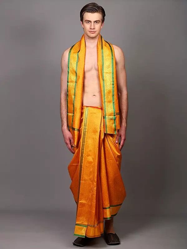 Art Silk Dhoti with Angavastram set and Zari Woven Temple Border with  from Banaras