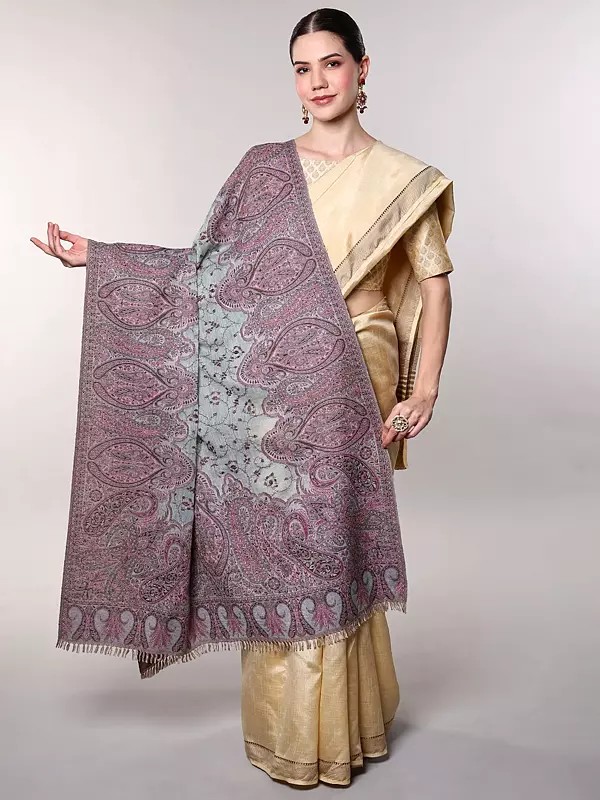 Sozni Embroidered Shawl with Flowers and Paiselys Woven Border from Amritsar
