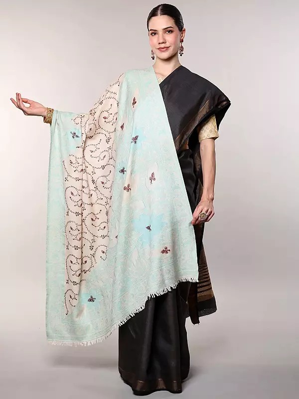 Sozni Embroidered Shawl with Flowers and Paiselys Woven Border from Amritsar