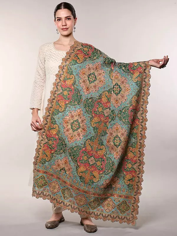 Multicolor Dupatta with Sequins-Zardozi Embroidered Paiselys Floral Patterns and Scalloped Border from Amritsar