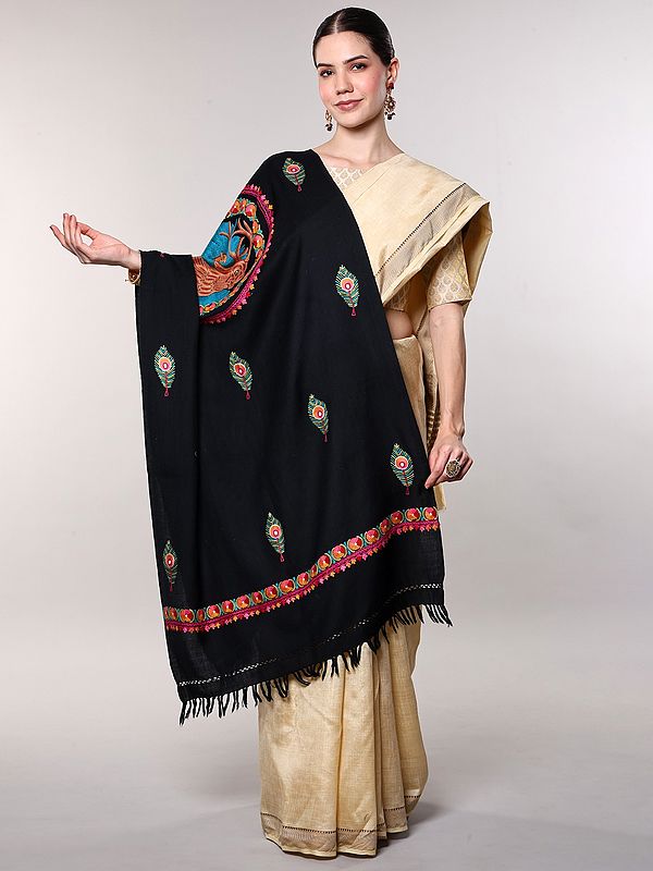 Kashmiri Stole with Aari Embroidered Peacock Feather and Deer Hunting Scene