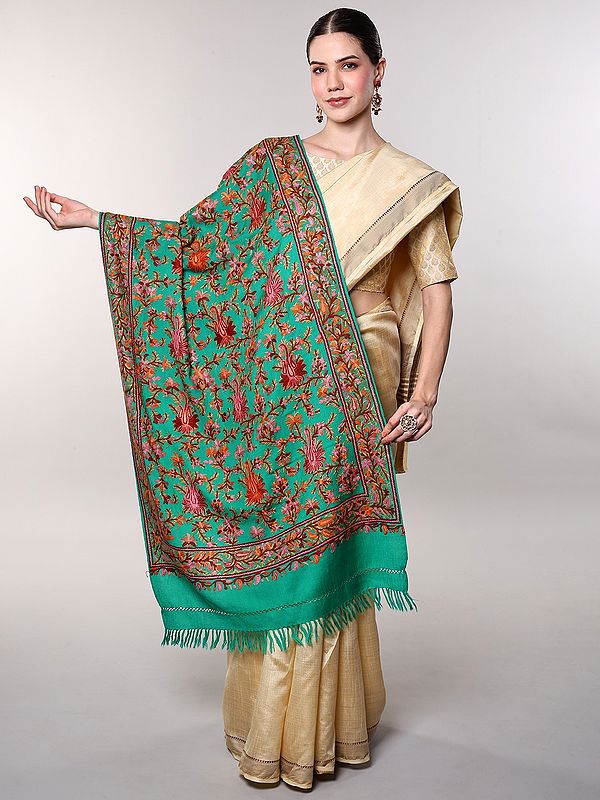 Pure Wool Stole from Kashmir with Aari Hand-Embroidered Floral Vine and Paiselys