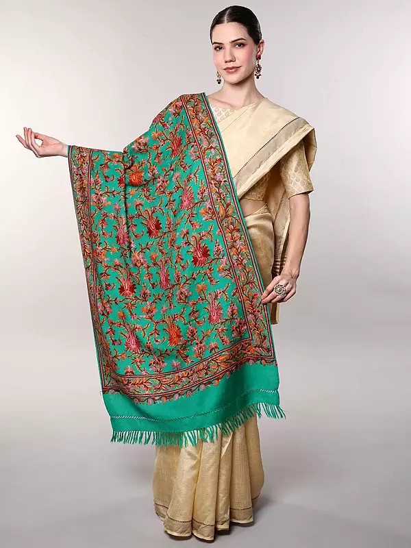 Vivid-Green Pure Wool Stole from Kashmir with Aari Hand-Embroidered Floral Vine and Paiselys