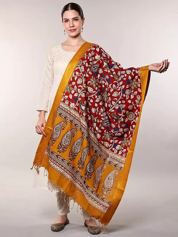 Kalamkari Dupatta from Telangana with Zari woven Golden Border and Printed Flowers-Paiselys