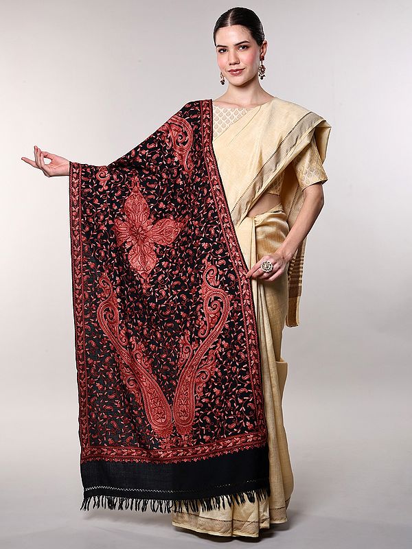 Pure Wool Stole from Srinagar with Aari Hand-Embroidered Giant Paisleys All-Over
