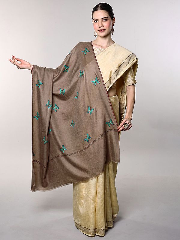 Pure Pashmina Shawl from Kashmir with Sozni Hand-Embroidered Butterflies