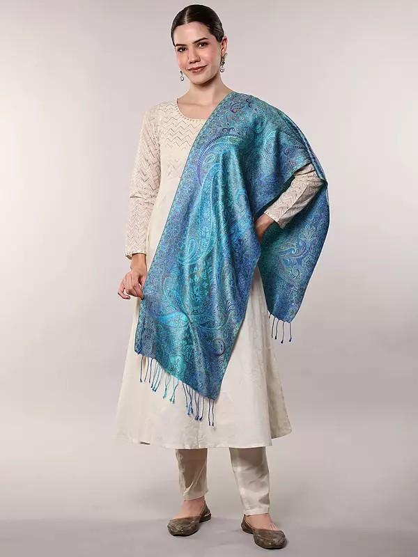 Reversible Jamawar Scarf with Woven Flowers and Paisleys