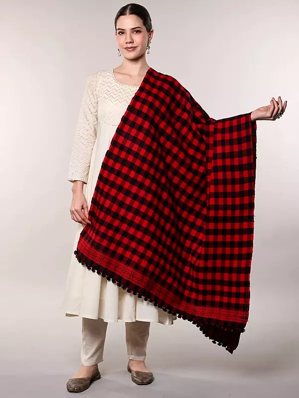 Red and Black Checkered Pattern Kutch Shawl with woven Border and Tassels