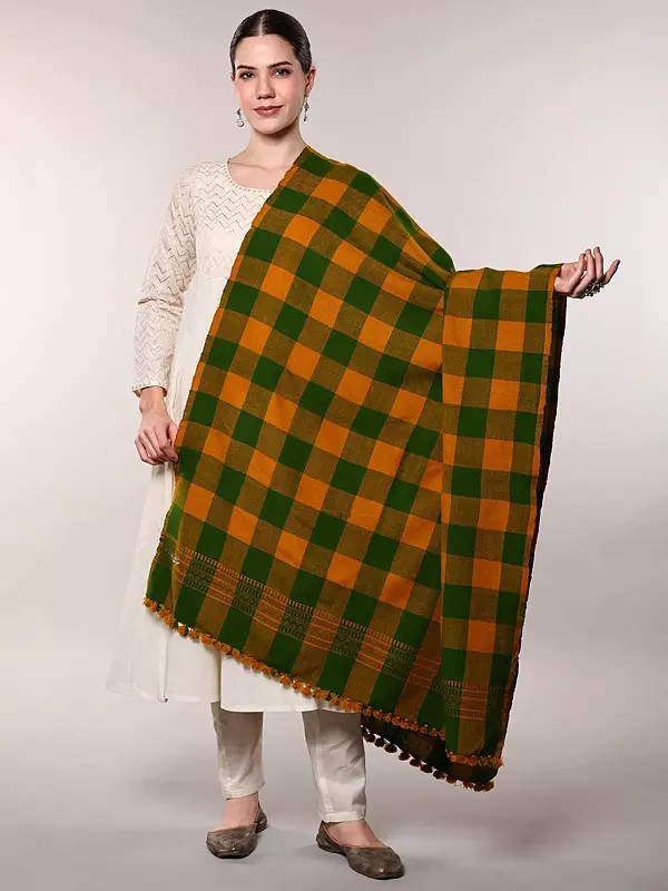 Green and Gold Checks Pattern Shawl with woven Border from Kutch