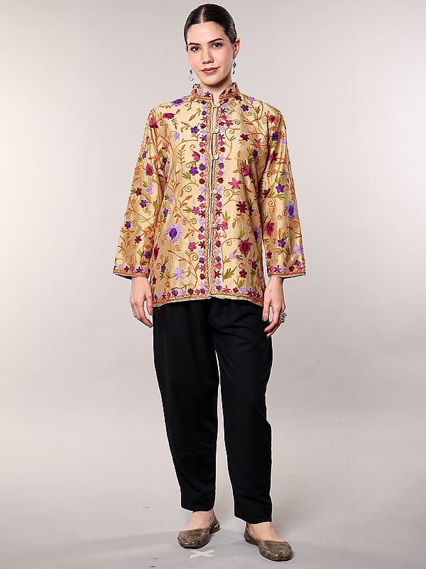 Reed-Yellow Mandarin Collar Kashmiri Short Jacket with Aari Embroidered Floral Vines