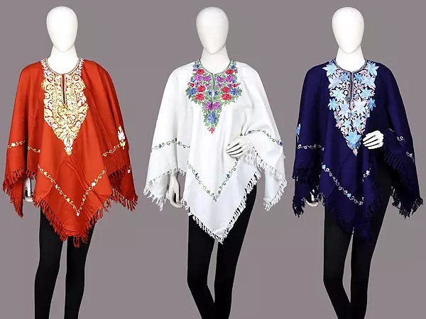 Lot of Three Wool Poncho with Aari Embroidered Flowers on Neck from Kashmir