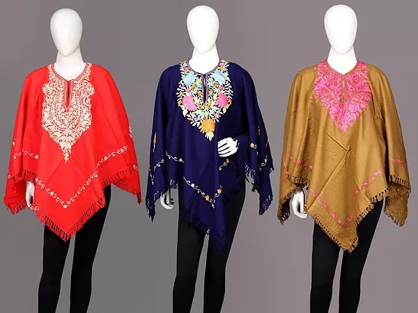 Lot of Three Kashmiri Poncho with Floral Aari Embroidered Flowers on Neck