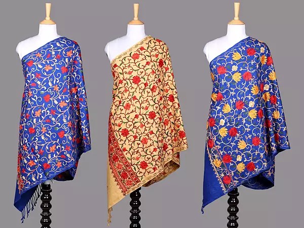 Lot of Three Wool Stole with Aari Embroidered Floral Vines from Amritsar