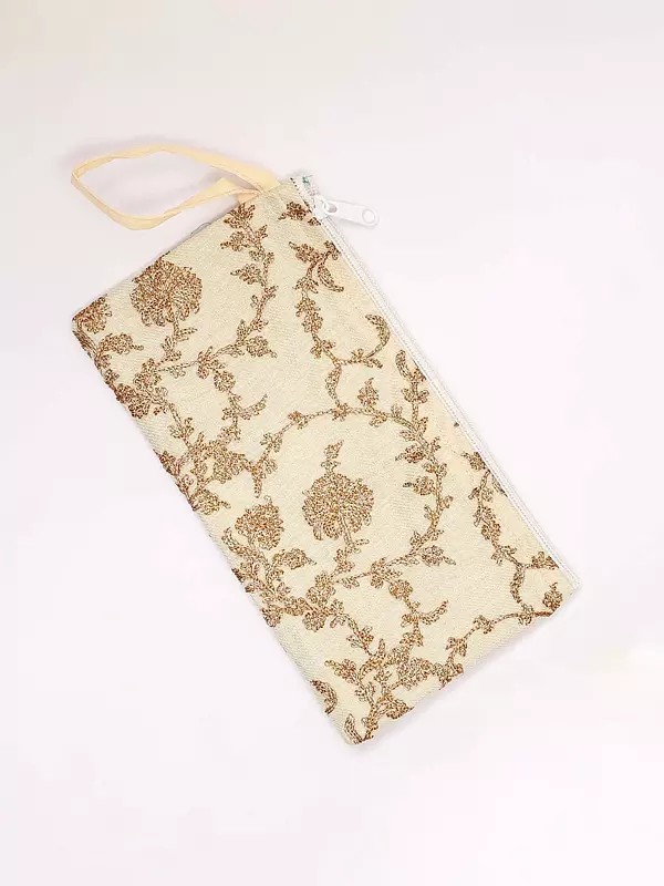 Floral Aari Embroidered Pouch Bag with Zipper Closure and Wrist Strap