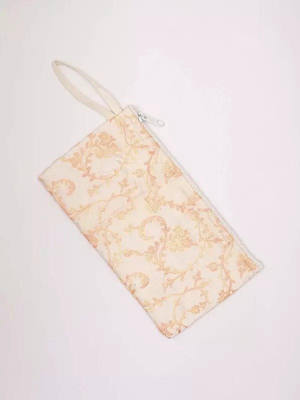 Pouch Bag with Floral Aari Embroidery and Zipper Closure