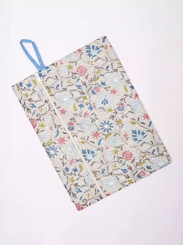Pouch Bag with Aari Embroidered Flowers and Hand Wrist Strap