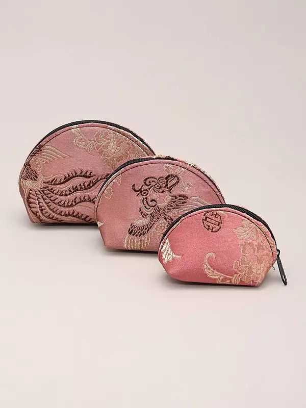 Set of Three Brocaded Small Pouches with Woven Flowers and Zipper Closure