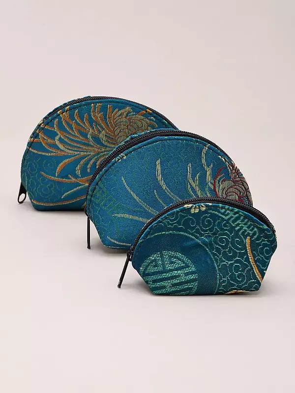 Three Small Zipper Pouches with Woven Floral Brocade Design