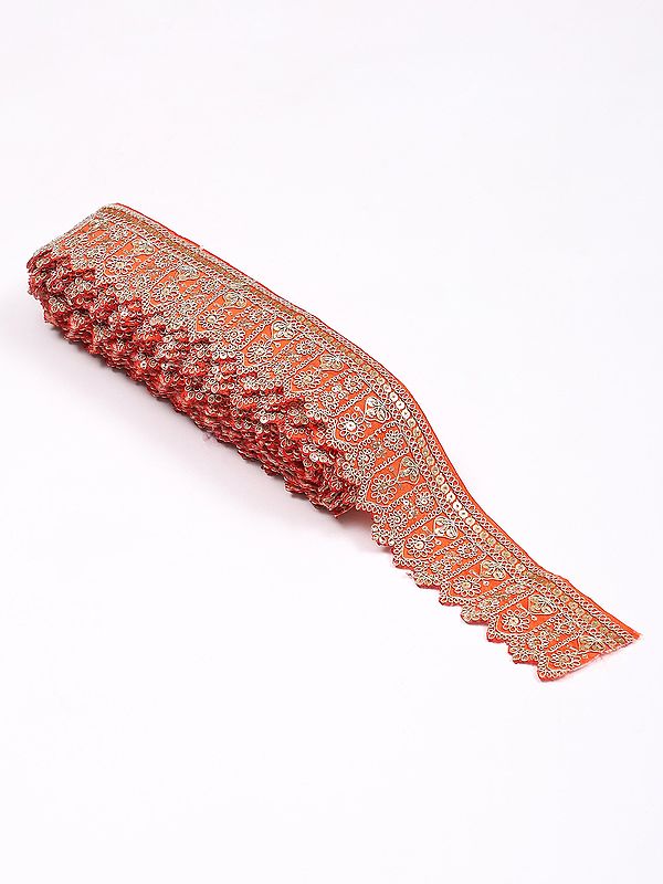 Spicy-Orange Scalloped Floral Fabric Border with Zari and Sequins work