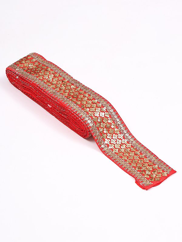 True-Red Sequins Embroidered Fabric Border with Zari work