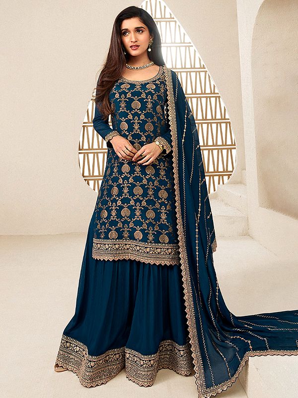 Elegant Viscose Silk Palazzo Suit Set With Chinon Dupatta And Bottom Featuring Fine Thread Weaving Embroidery Party Wear