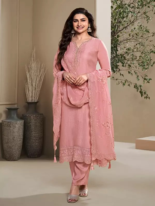 Elegant Crepe Silk Straight Suit And Bottom With Tabby Silk Dupatta Ton To Ton Thread Sequin Embroidery For Party Wedding