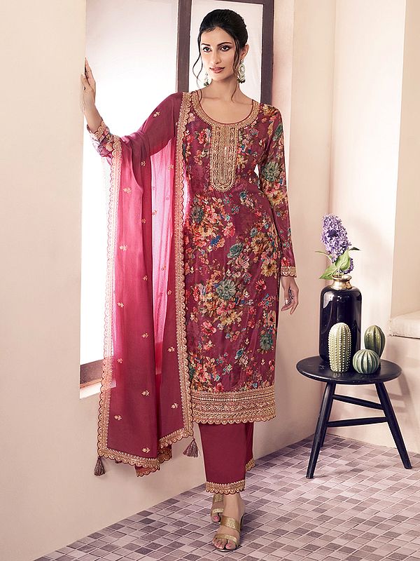 Chinon Long Suit With Salwar And Dupatta Beautiful Floral Print Embroidery Party Wedding Festive Ethnic Wear For Women