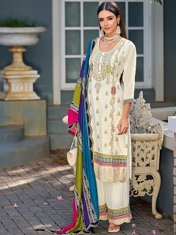 Opulent Chinon Straight Suit With Salwar And Dupatta Featuring Intricate Traditional Dori Thread Sequin Embroidery