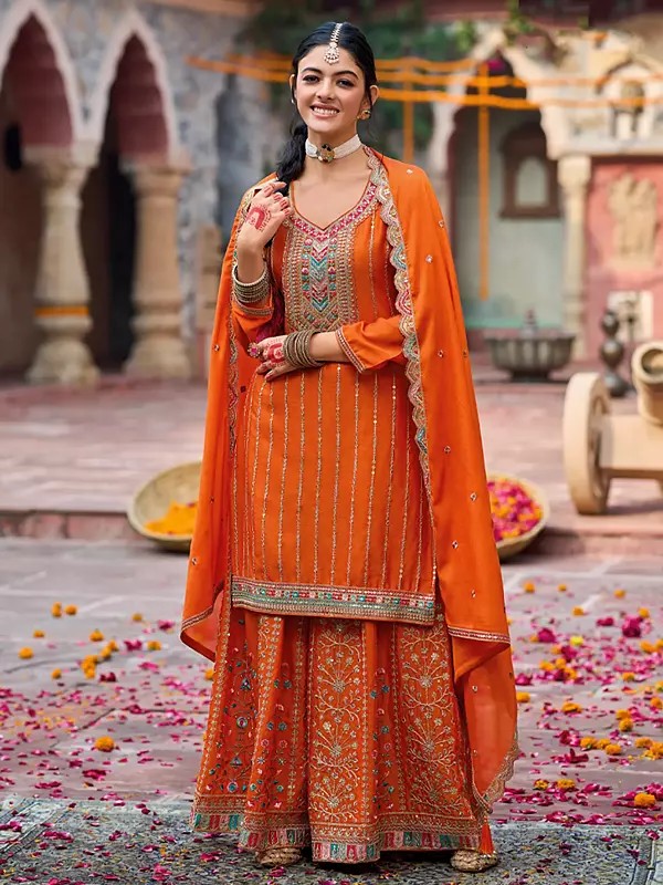 Chinon Palazzo Suit With Multi Thread Sequin Embroidery Work For Festive Wedding And Party Wear For Women And Girls