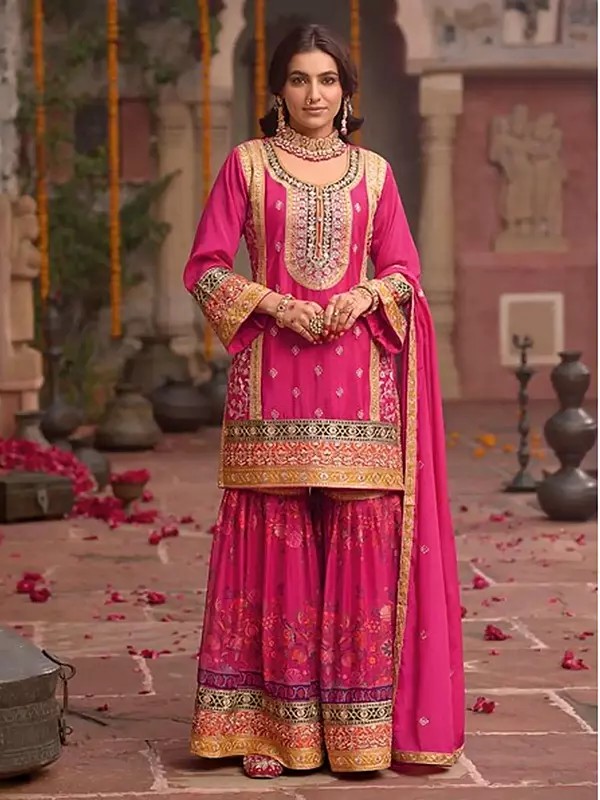 Floral Print Designer Chinon Gharara Suit With Elegant Embroidery For Wedding Party And Festive Wear For Women