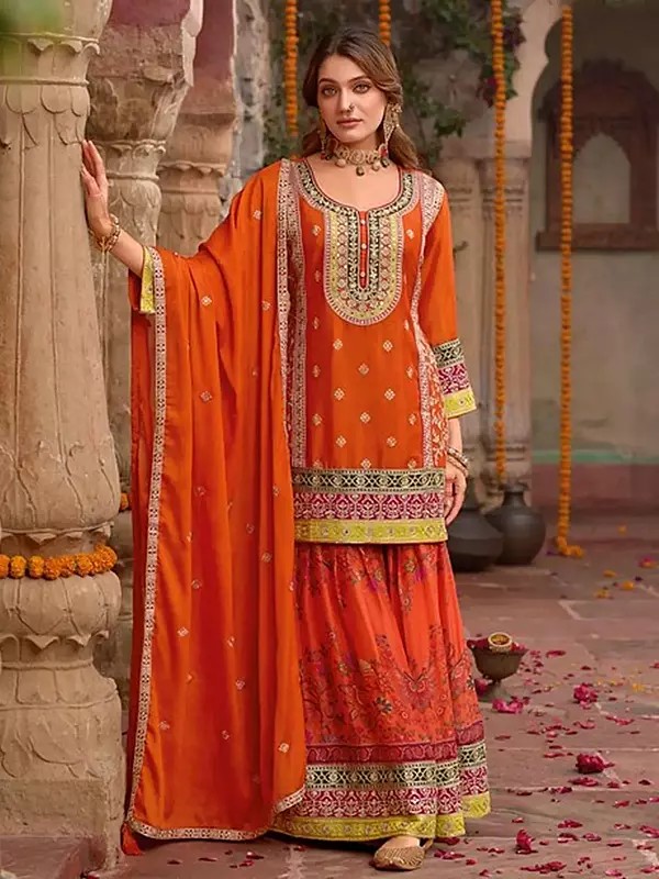 Elegant Chinon Gharara Suit With Floral Print And Embroidery For Festive Wedding And Party Wear For Women