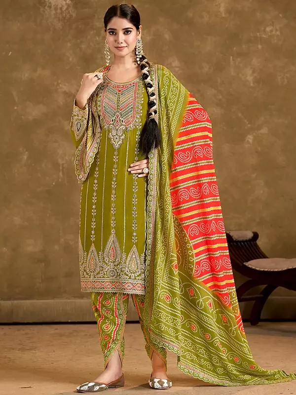 Bandhani Print Chinon Suit Set With Thread Sequin Embroidery Work For Festive Wedding And Party Wear For Women