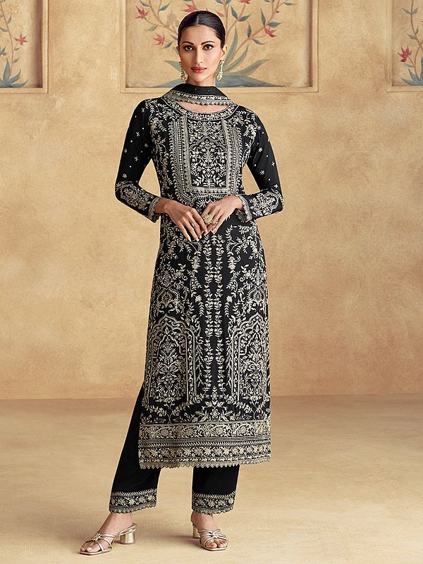Regal Chinon Suit With Bottom And Dupatta Adorned With Thread Sequin Dori Embroidery For Festive And Wedding Wear