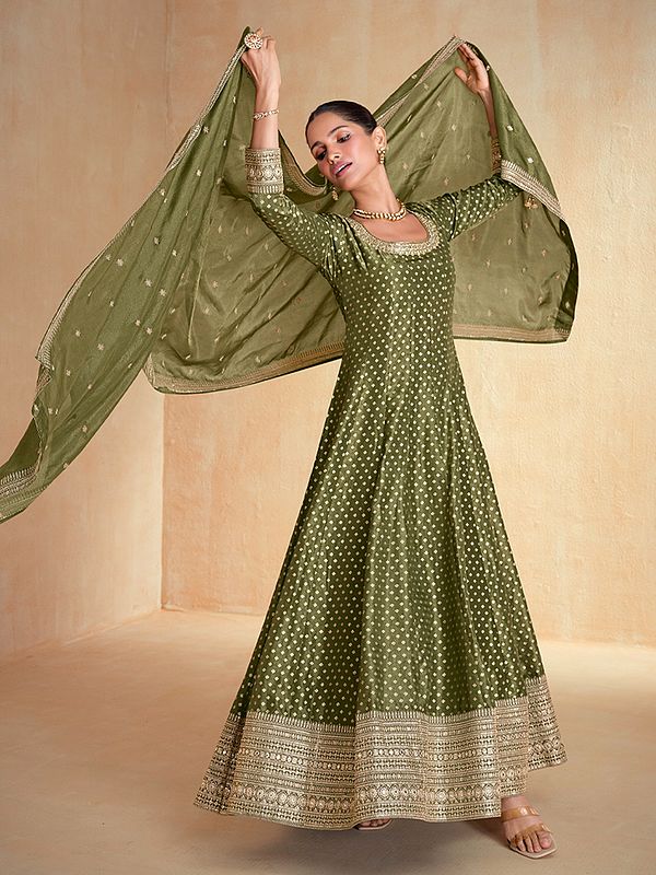 Jacquard Anarkali Suit In Viscose Silk With Vichitra Silk Dupatta Featuring Thread Weaving And Embroidery Work