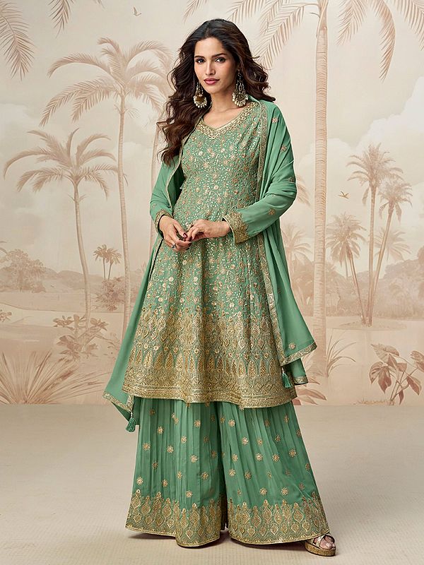 Regal Georgette Peplum Style Salwar Kameez With Multi Thread Sequin Embroidery Work For Women