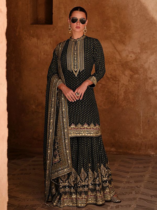 Luxurious Russian Silk Gharara Suit With All Over Print And Heavy Thread Sequin Embroidery Work For Wedding Wear