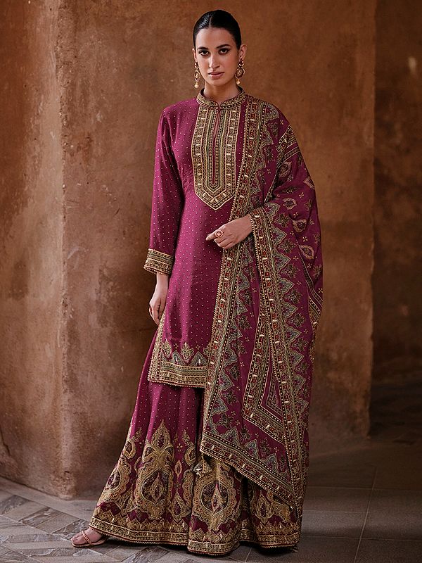 Women's Printed Russian Silk Gharara Suit With Heavy Thread Sequin Embroidery Wedding Party And Festive Wear