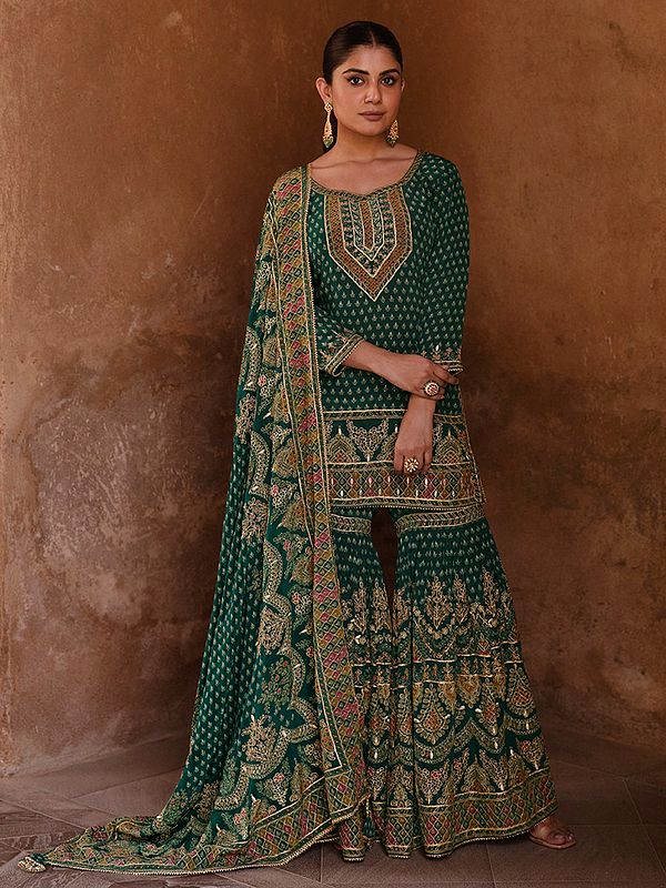 Graceful Russian Silk Gharara Suit With Exquisite Print And Luxe Heavy Thread Sequin Embroidery For Premium Wedding