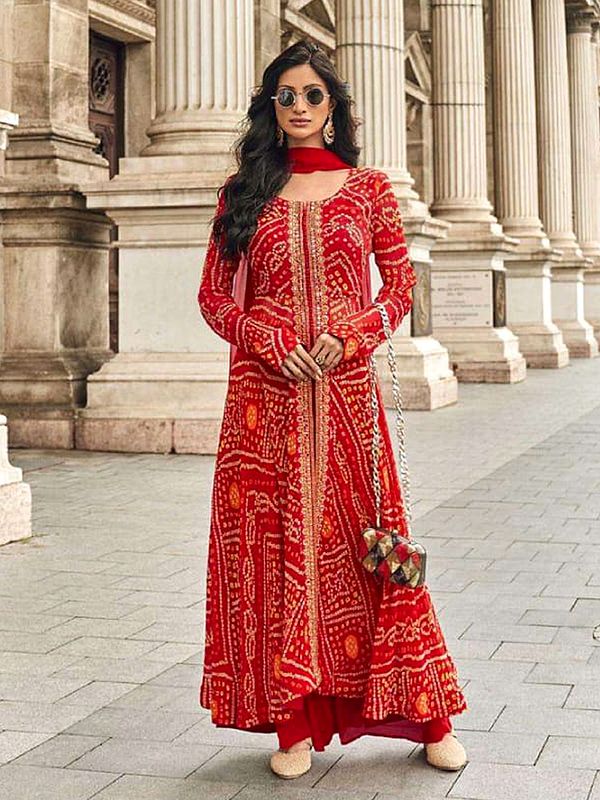 Vibrant Chinon Anarkali Suit With Bandhani Print And Rich Thread Sequin Embroidery Work For Women