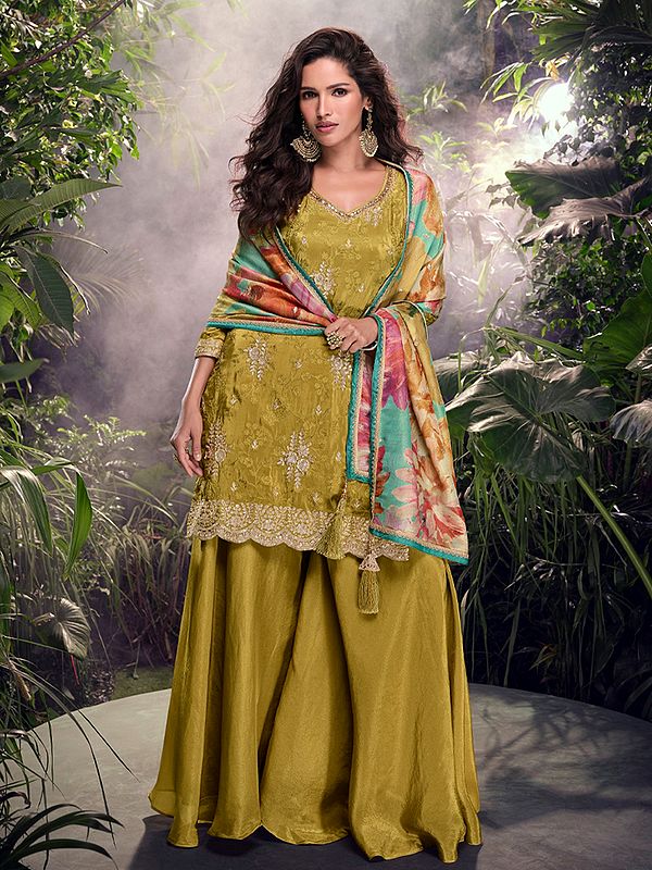 Luxe Simar Silk Gharara Suit Set With Chinon Dupatta And Santoon Bottom In Floral Embroidered Design