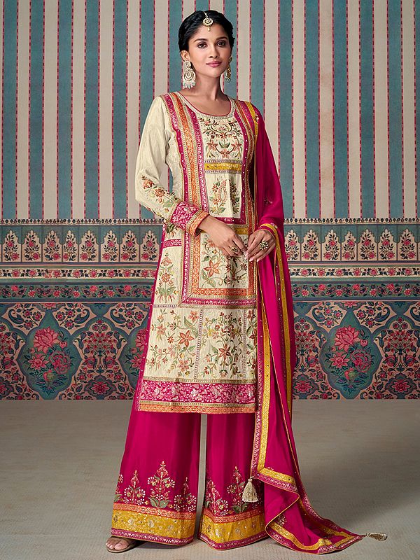 Women's Elegant Chinon Salwar Kameez With Rich Thread Weaving Embroidery Work For Wedding And Festive Wear