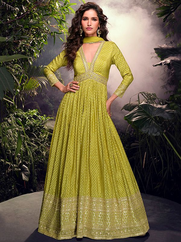 Glamorous Viscose Silk Anarkali Suit With Intricate Thread Weaving Embroidery Work For Women Party Wear