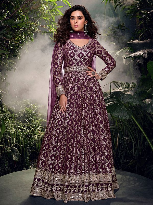 Royal Viscose Silk Anarkali Suit With All Over Thread Weaving Embroidery Work For Wedding And Festive Wear